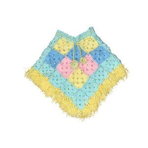 Vintage Handmade Crochet Girls Poncho 2T–4T? Pastel Granny Square Fringe